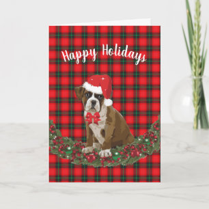 Cartão De Festividades Felizes Feriados Pet Boxer Puppy Xadrez Santa Hat