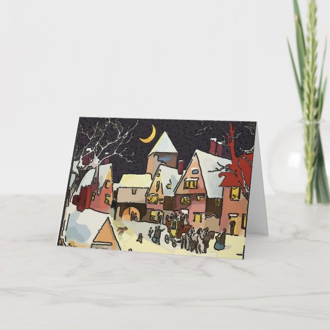 Cartão De Festividades Felizes Férias, Aldeia de inverno com Sacos (Frente)