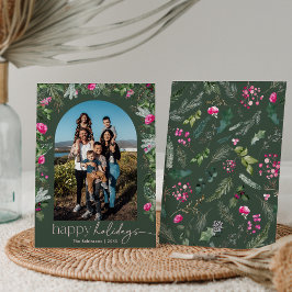 Cartão De Festividades Felizes Férias Arco Botânico Verde Floresta e Rosa