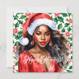 Cartão De Festividades Felizes Férias Negras Mulher Santa Hat