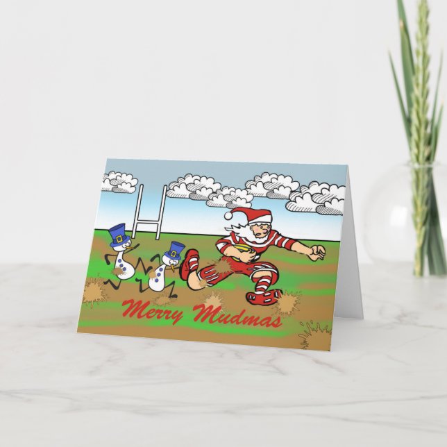 Cartão De Festividades Felizes, Papais noeis e rúgbi na lama (Frente)