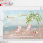 Cartão De Festividades Felry Christmas Flamingo Budget FLAT Holiday<br><div class="desc">Feliz Natal nesta adorável praia Watercolor — uma cena pacífica e gentil com duas cadeiras de praia — um flamingo amigável com uma bela coroa — Palmeira com alguns ornamentos. Também disponível em diferentes pesos de papel — sua seleção.</div>