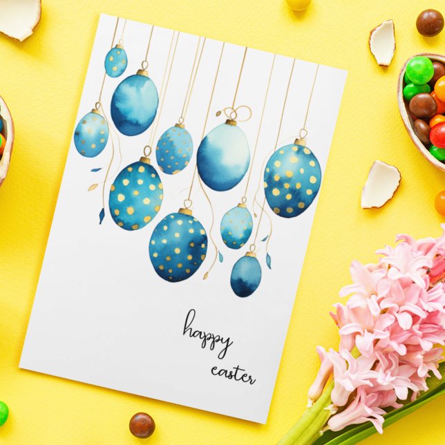 Cartão De Festividades Felz pascoa Bolinhas azul Bondi Ovos de Páscoa (Customize this cute Easter greeting card with blue and gold polka dotted Easter Eggs. )