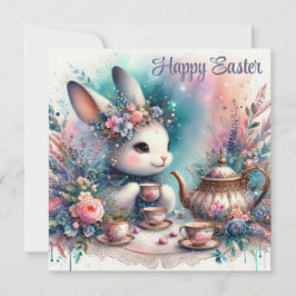 Cartão De Festividades Felz pascoa Bunny Festivo Watercolor Tea