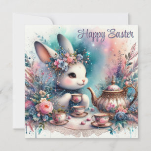 Cartão De Festividades Felz pascoa Bunny Festivo Watercolor Tea