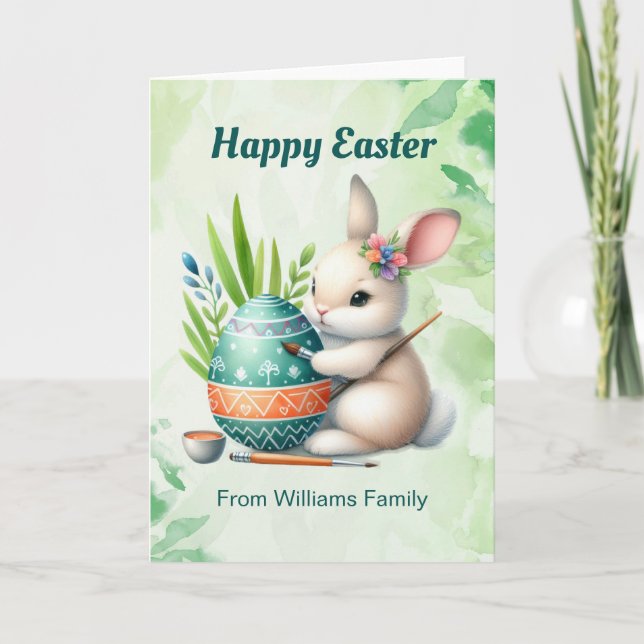 Cartão De Festividades Felz pascoa, Coelhinho Bonito pintando um ovo de P (Frente)