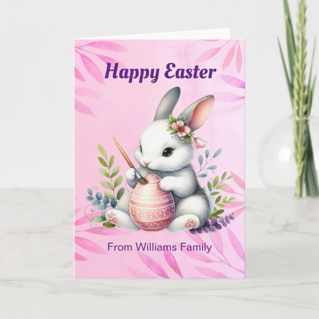 Cartão De Festividades Felz pascoa, Coelhinho Branco pintando um ovo de P (Frente)