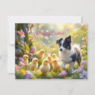 Cartão De Festividades Felz pascoa Collie e Pintinhos