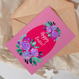 Cartão De Festividades Felz pascoa de aquarela, ovo cor-de-rosa floral