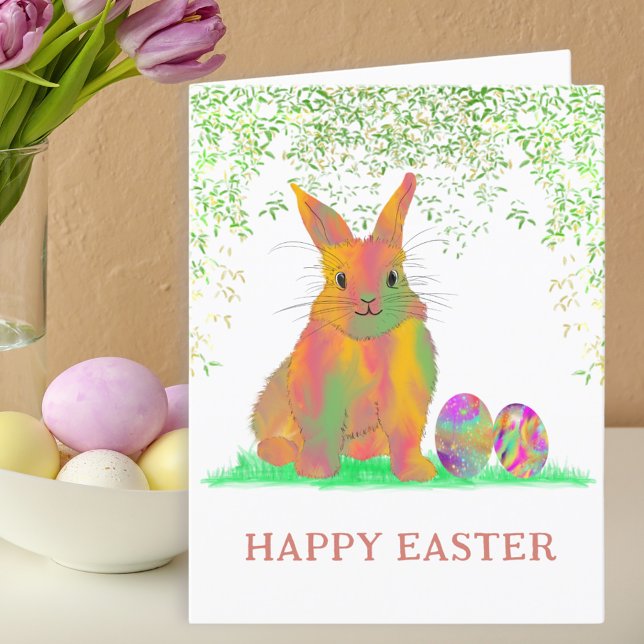 Cartão De Festividades Felz pascoa de Coelhinho e Ovos (Happy Easter bunny and colorful eggs watercolor folded holiday card)