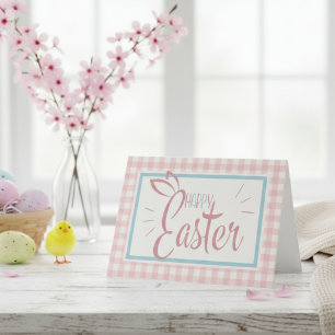 Cartão De Festividades Felz pascoa de Gingham Cor-de-Rosa Personalizada
