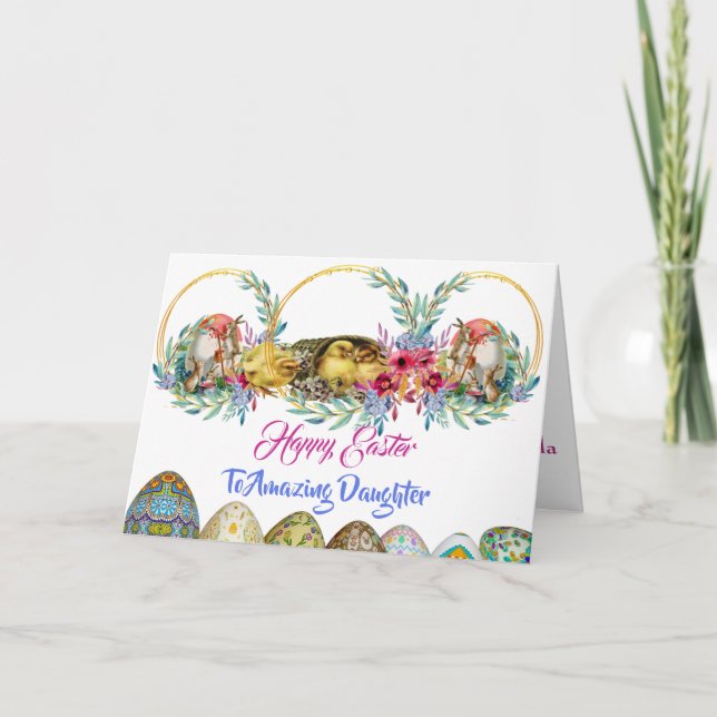 Cartão De Festividades Felz pascoa Filha Floral Pavimento Ovina Aquarela (Frente)