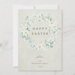 Cartão De Festividades Felz pascoa Flor Floral Branco da Watercolor Flat