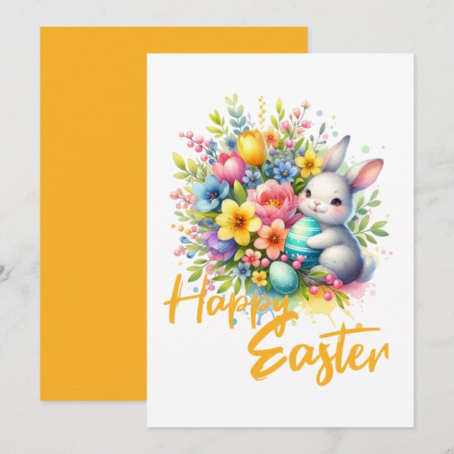 Cartão De Festividades Felz pascoa flor primavera com belo coelho (Frente/Verso)