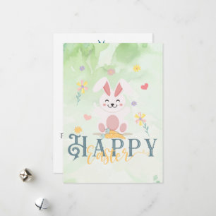Cartão De Festividades Felz pascoa Floral Green Bunny Editável