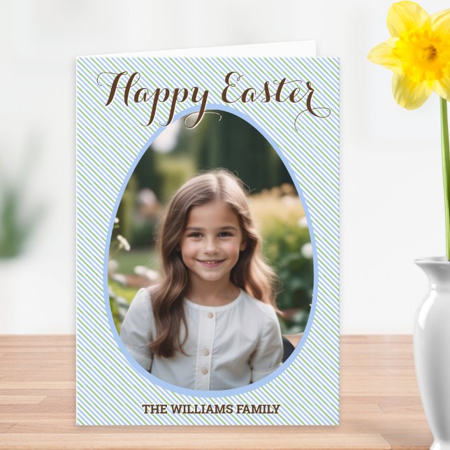 Cartão De Festividades Felz pascoa Foto Blue Stripe Bonito (An elegant Happy Easter card to personalize with a favorite photo and your name(s))