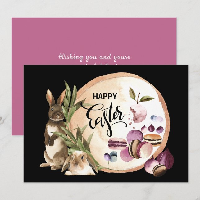 Cartão De Festividades Felz pascoa | Macaroons Bunnies com Primavera (Frente/Verso)