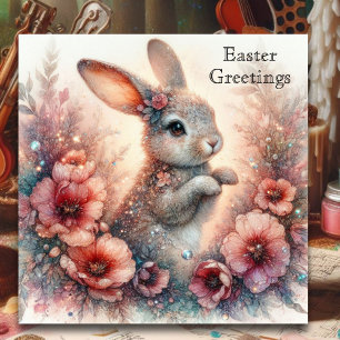 Cartão De Festividades Felz pascoa Peach Watercolor Páscoa Floral Bunny