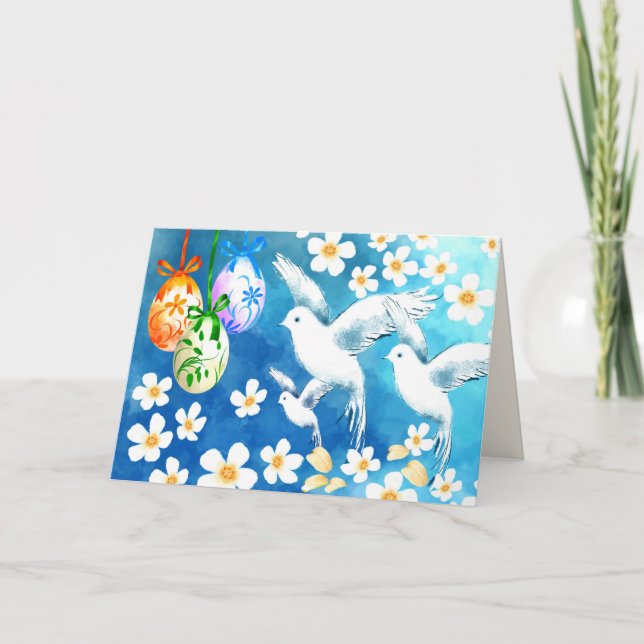 Cartão De Festividades Felz pascoa. Pintura de Ovos e Dovas de Páscoa (Frente)