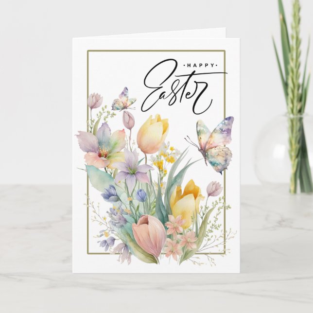 Cartão De Festividades Felz pascoa. Tulipas de Aquarela e Borboleta (Frente)