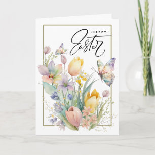 Cartão De Festividades Felz pascoa. Tulipas de Aquarela e Borboleta