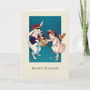 Cartão De Festividades Felz pascoa. Vintage Little Girl and Hare