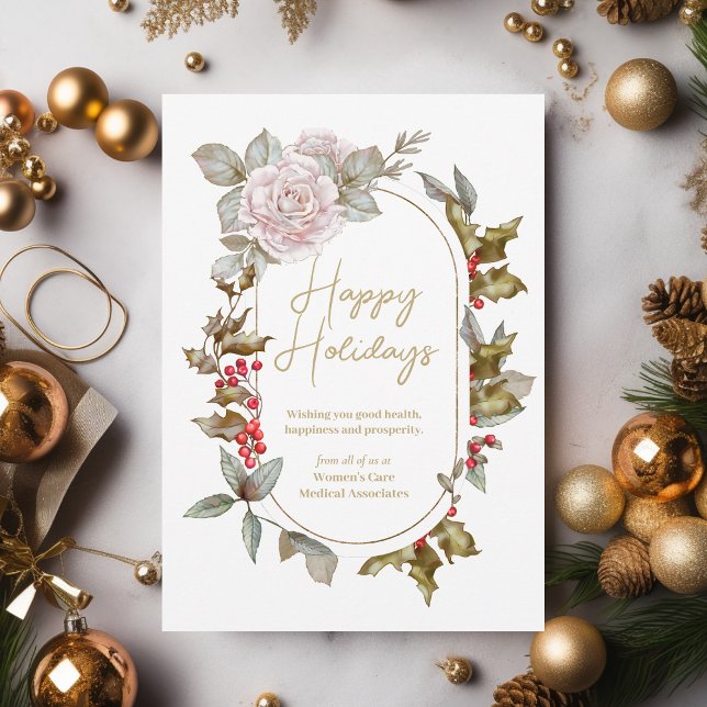 Cartão De Festividades Feminine Holly Evergreens e Rosas (An elegant holiday card for businesses serving women.)