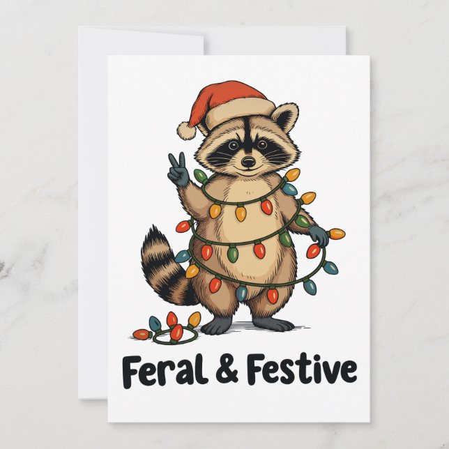 Cartão De Festividades Feral And Festive Raccoon Christmas Xmas Lights (Frente)
