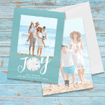 Cartão De Festividades Feriado Azul, Foto Natal Watercolor Beach<br><div class="desc">Esta design apresenta uma Cartões de foto de Natal com 2 duas fotos,  uma praia engraçada,  tropical minimalista simples,  design de tipografia com guiões azul turquesa,  com alface alegre,  na praia,  um cartão com fotos de férias da Flórida tropical</div>