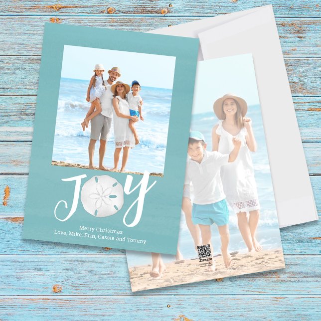 Cartão De Festividades Feriado Azul, Foto Natal Watercolor Beach (Christmas Holiday Joy Creative Typography Beach Photo Card with a two-photo template.)