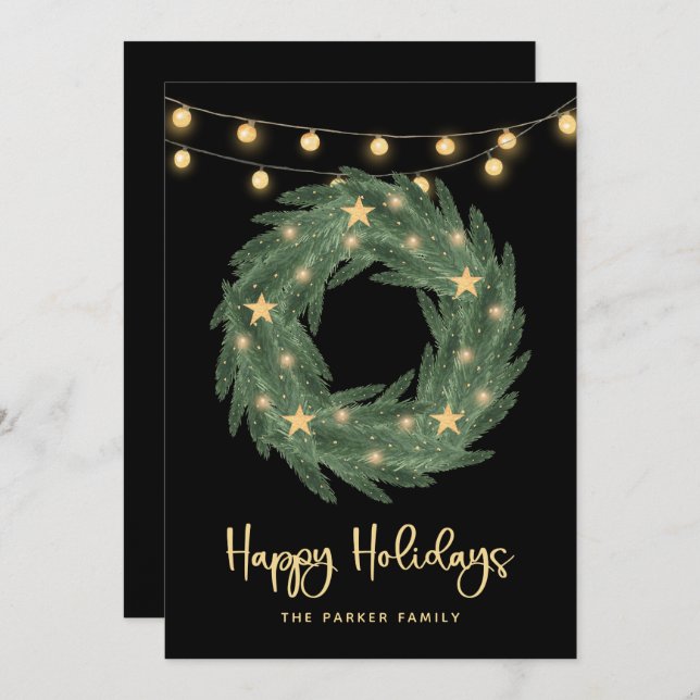Cartão De Festividades Feriado com luzes de cordas Douradas em preto (Frente/Verso)