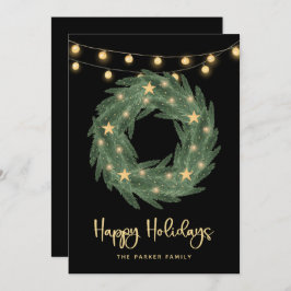 Cartão De Festividades Feriado com luzes de cordas Douradas em preto