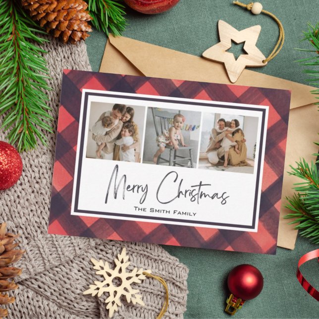 Cartão De Festividades Feriado da Xadrez Vermelha Negra de Natal Moderno (Criador carregado)