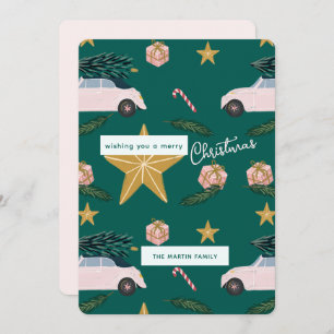Cartão De Festividades Feriado de Carros de Árvore de Natal Rosa-Teal Ilu