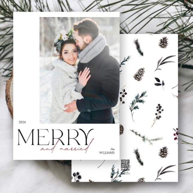Cartão De Festividades Feriado de Feliz simples e recém-casados (Merry & married! Celebrate your first holiday as newlyweds with this elegant photo card.
)