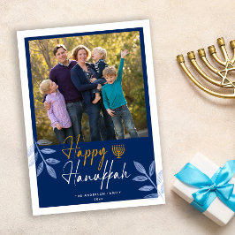 Cartão De Festividades Feriado de Foto Azul Feliz Hanukkah Escuro