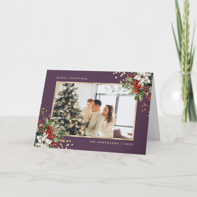 Cartão De Festividades Feriado de Foto Violet Dourado Holly Berries Poins (Frente)