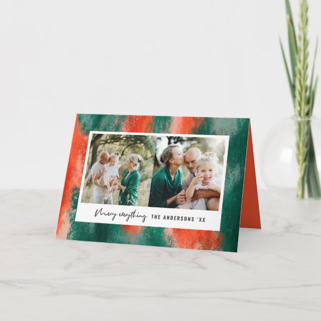 Cartão De Festividades Feriado de fotos pintado com abstrato verde e verm (Frente)