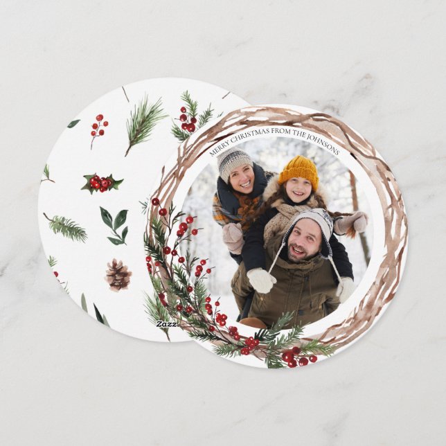 Cartão De Festividades Feriado de Fotos Redondos de Pine Berry Natural (Frente/Verso)
