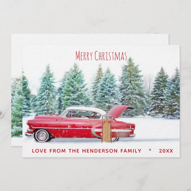 Cartão De Festividades Feriado de Natal Chevy Red de 1950 (Frente/Verso)