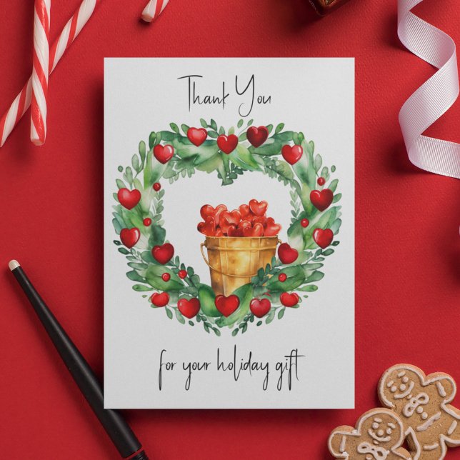 Cartão De Festividades Feriado de Natal com Balde de Corações (Holiday Wreath and Christmas Thank You Cards.  Customize this thank you card on front and back. )