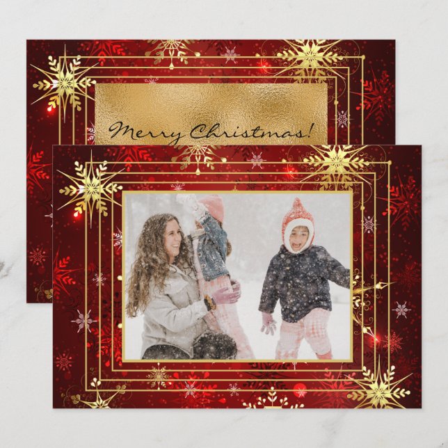 Cartão De Festividades Feriado de Natal do Floco de Neve Dourado Vermelho (Frente/Verso)