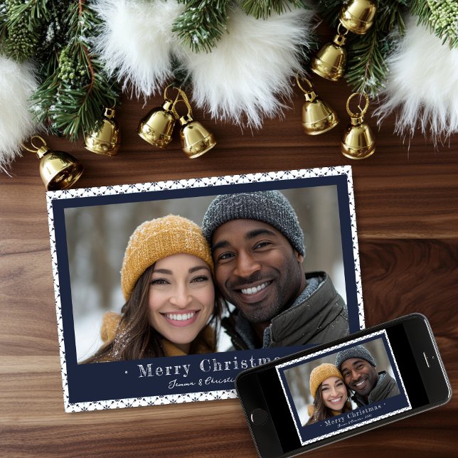 Cartão De Festividades Feriado de Natal em Floco de Neve com Cinza Azul S (Simple Winter Snowflakes Christmas Holiday Photo Card )