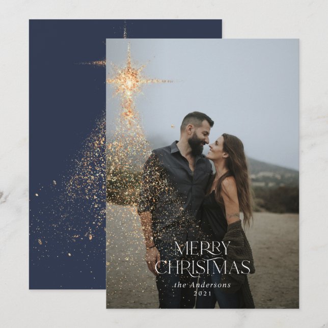 Cartão De Festividades Feriado de Natal moderno azul-brilho Dourado (Frente/Verso)