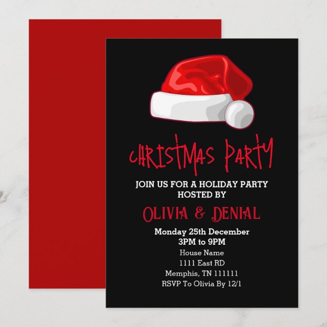 Cartão De Festividades Feriado de Natal Red Santa Hat Preto (Frente/Verso)