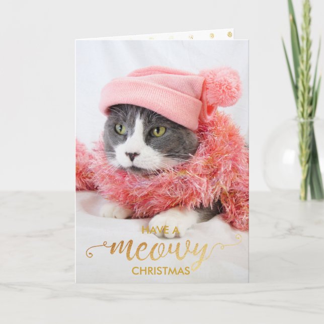 Cartão De Festividades Feriado de Pet de Cat Pessoal do MEOWY Dourado (Frente)