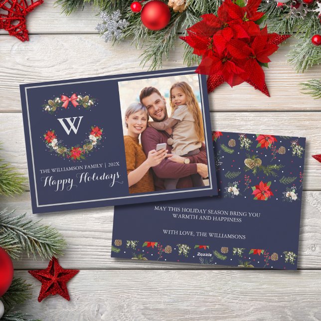 Cartão De Festividades Feriado Feliz Floral do Monograma Clássico Elegant (Criador carregado)