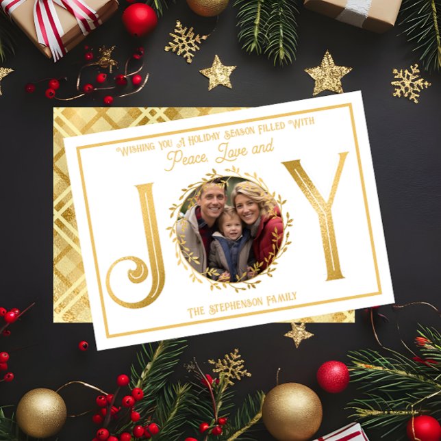 Cartão De Festividades Feriado Feriado Desejando Paz, Amor e Alegria ("Wishing You A Season ... Peace Love and Joy" Faux Foil Photo White Christmas Holiday Flat Card )