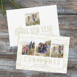 Cartão De Festividades Feriado Floral Elegante Dourado Natal 4 Foto<br><div class="desc">Esta design apresenta ouro de Natal elegante floral, família 4 4 fotografia, moderna escrita simples de caligrafia, uma saudação de Natal minimalista, uma tipografia de feliz ano novo, folhas de ouro botânico verde, moderna e elegante tendência simples, com letra moderna de caligrafia, folhas de férias, cartão com fotos de Natal...</div>