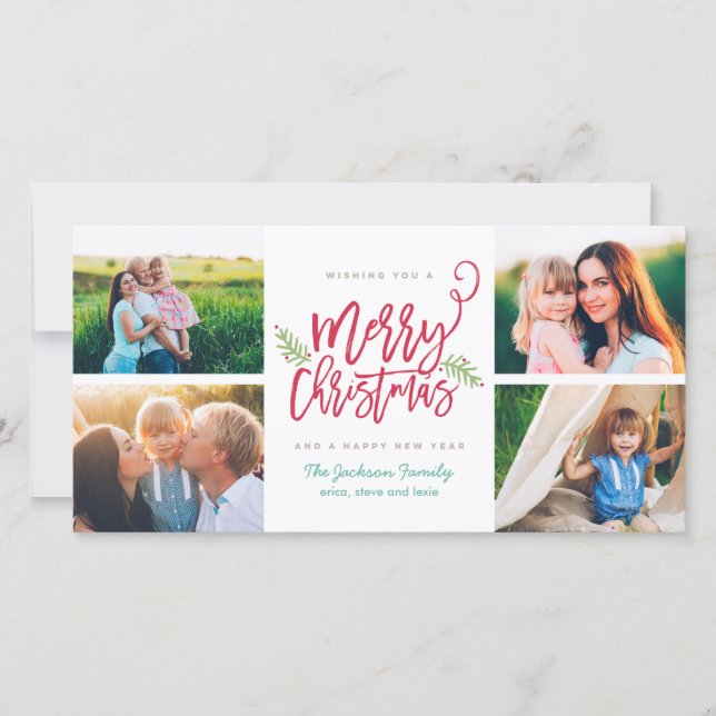 Cartão De Festividades Feriado moderno 4-Photo do Natal do roteiro da (Frente)